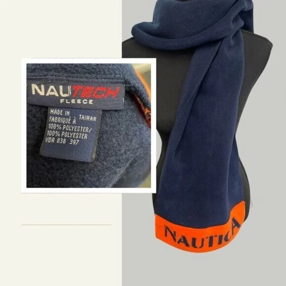 Nautica‎ Men Scarf NauTech Fleece Navy Blue Orange One Size Vintage 90s Sporty